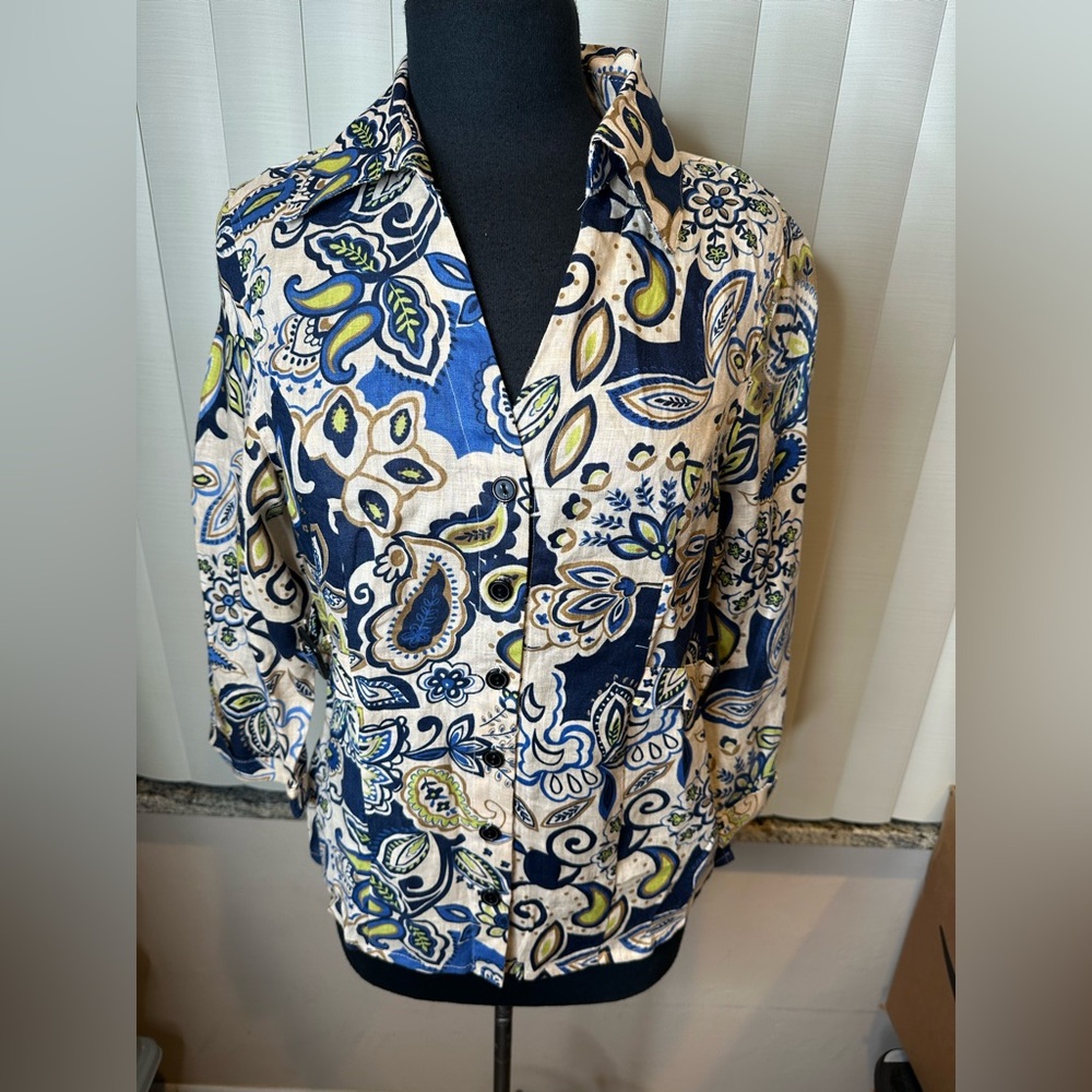 Carole Little Floral Paisley 100% Linen Business CasualBlouse Size Large